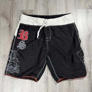 Y2K Grunge Surf Burnside Men's Black Graphic Board Shorts Size 38